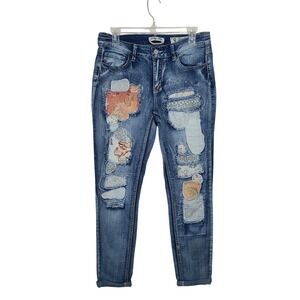 Indigo Rein Distressed Patchwork Anklet Skinny Jeans 9 Boho Eclectic Indie Y2K